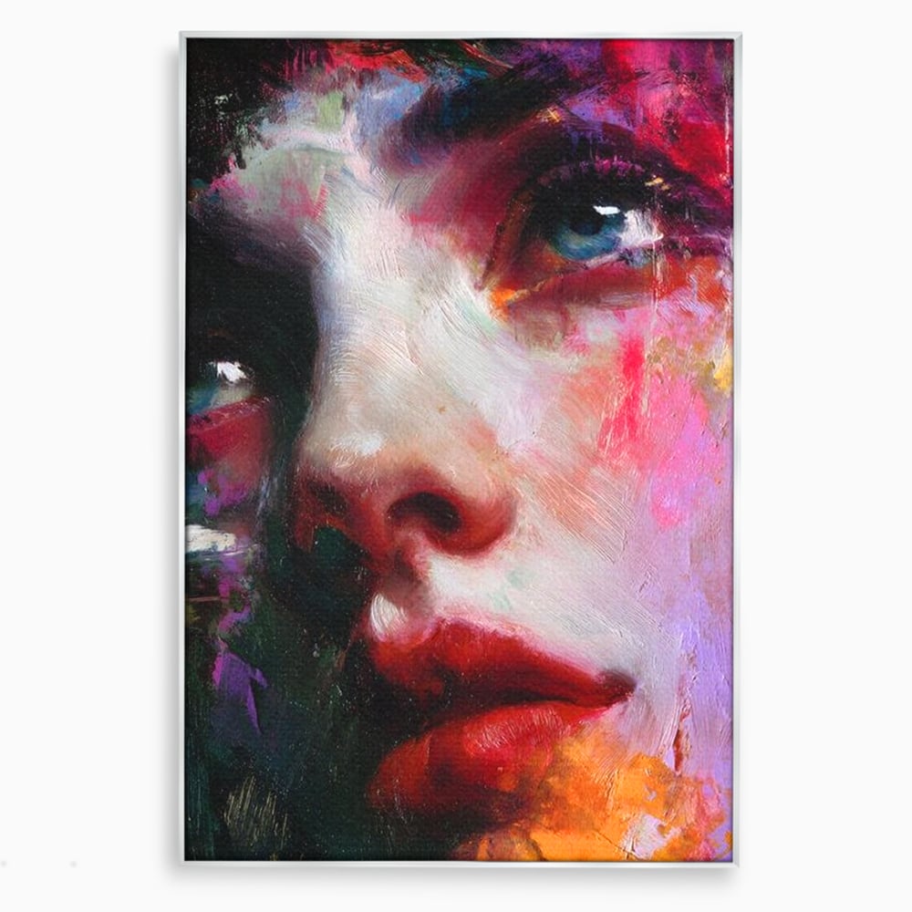 Tablou canvas cu tablou canvas cu portret expresionist de femeie, in rama de aluminiu argintiu